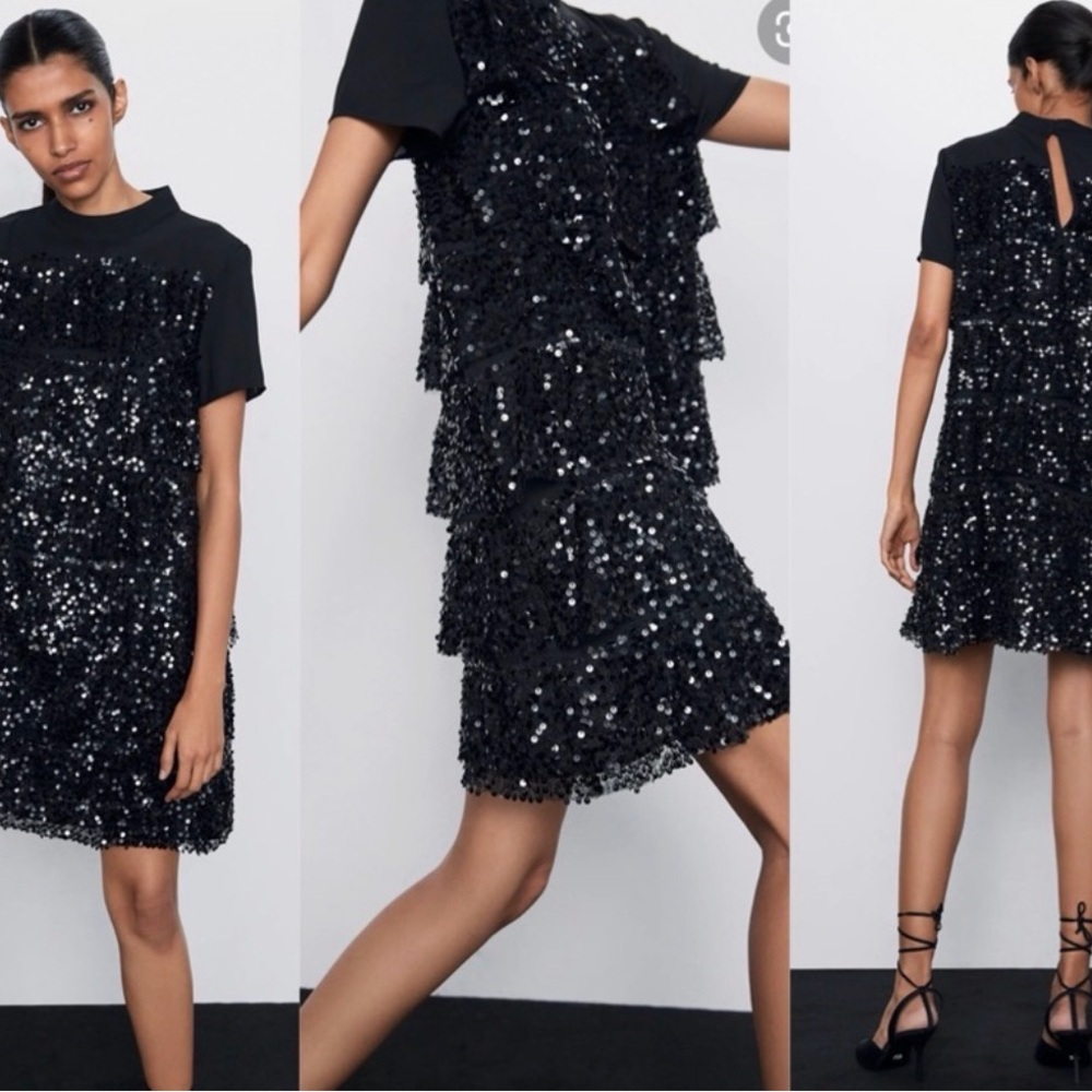Zara Black Sequin Tiered Dress